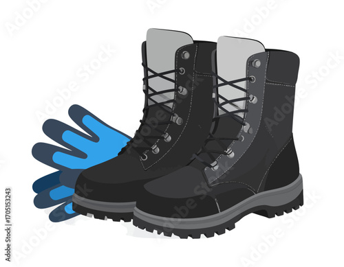Essential safety gear sturdy work boots and protective gloves, offering robust foot and hand protection for demanding labor, construction, and outdoor tasks
