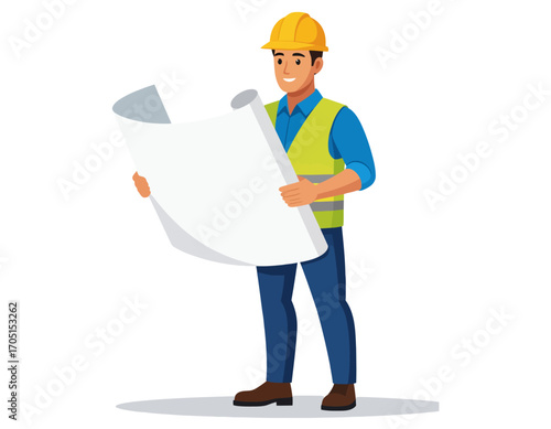 Dedicated engineer in safety gear meticulously reviews architectural blueprints, symbolizing careful project planning and the foundation for successful construction