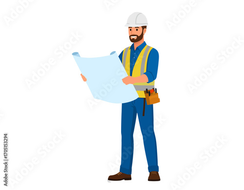 Professional construction worker in safety gear meticulously reviewing architectural blueprints, symbolizing precise project planning and detailed execution for efficient building development