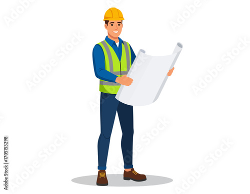 Smiling construction engineer in a hard hat and safety vest reviewing architectural blueprints. Vector illustration of a professional foreman at work