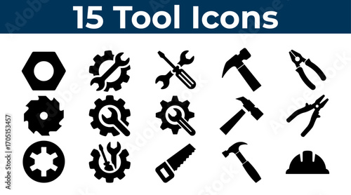 Construction and Repair Tool Icons Set – Hammer, Screwdriver, Wrench, Saw, Pliers, Gear, Hard Hat Vector Illustration