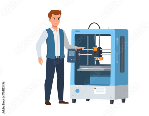 A male engineer or designer presenting a modern 3D printer, demonstrating the concept of additive manufacturing and rapid prototyping technology
