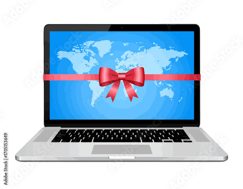 Laptop with a world map displayed on screen, adorned with a festive red ribbon and bow, symbolizing a global gift or online opportunity