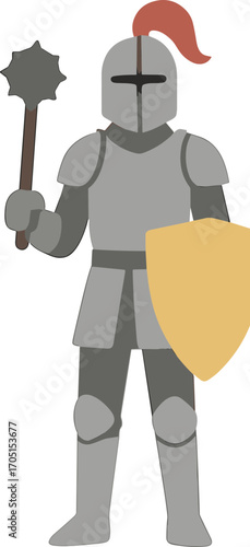 Cartoon Medieval Knight Character Holding Mace and Shield Illustration Artwork