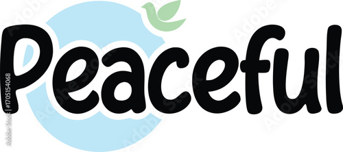 Doodle style word peaceful in black bold font with subtle blue circular background element dove peace logo