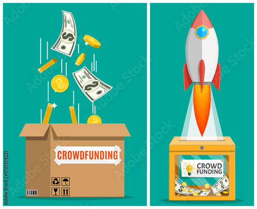 Money falling into a crowdfunding box and a rocket launching from a donation box. Business startup campaign and fundraising for new project concept.