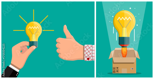 Man arm holding light bulb. Man hand doing thumb up gesture approval. New idea lightbulb emerging from box innovation concept.