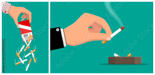 Man hand dumping cigarette pack with cigarettes and another man hand holding a lit cigarette with smoke above an ashtray. Flat style set collection illustration.
