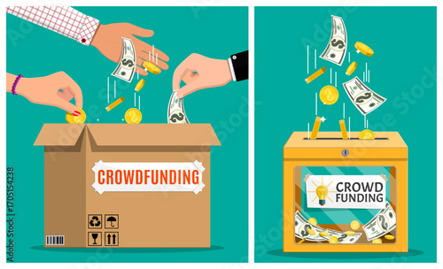 Different hands of man and woman contributing money and coins to a crowdfunding box and donation jar. Fundraiser concept.