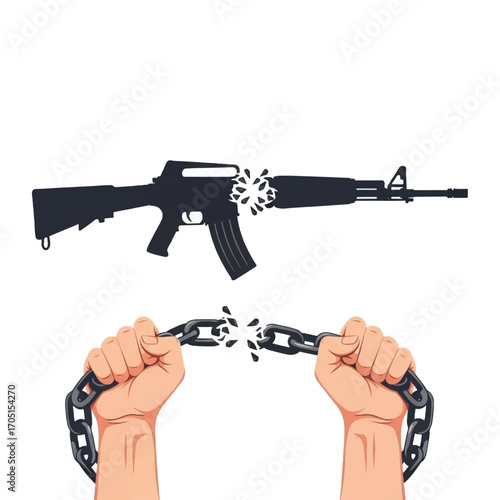 broken firearm with shattered chain symbolizing defiance or escape