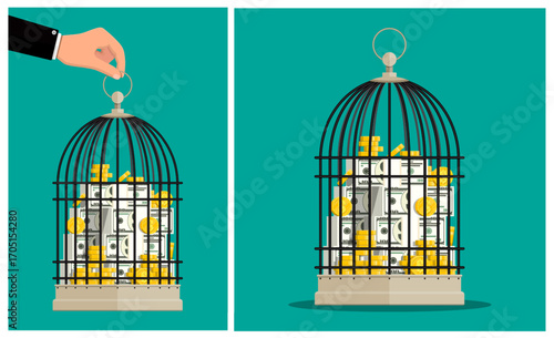 Man hand imprisoning money in a birdcage. Financial crisis and savings. Flat style stock vector set collection illustration.