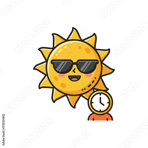 Funny sun cartoon with sunglasses and clock