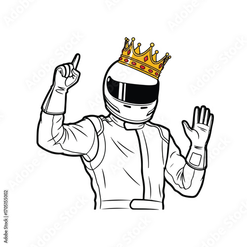 A line art illustration of a champion race car driver wearing a helmet, suit, and a golden crown, celebrating a win.