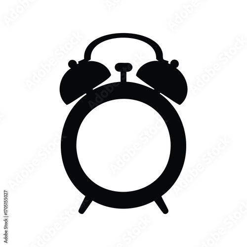 Simple black and white illustration of a classic alarm clock icon