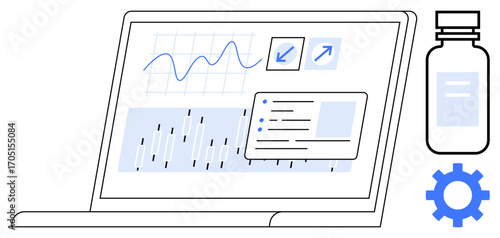 Laptop screen displaying charts, graphs, and menu, alongside a medicine bottle and gear icon. Ideal for healthcare, technology, analytics, medical research, pharmaceutical development data