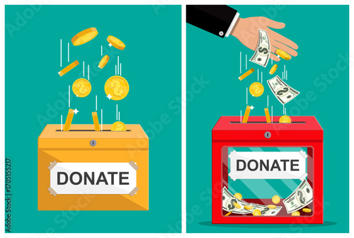 Man hand putting money, coins, banknote into donation box. Charity, sponsorship, human care, donation concept for fundraising event.