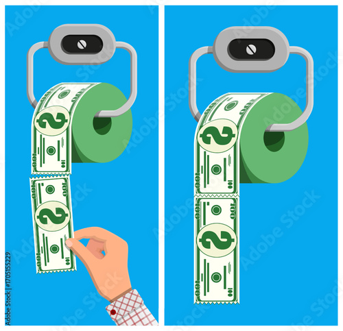 Male hand pulling dollar bill from roll of money toilet paper. Financial waste concept. Flat illustration for economy and expense.