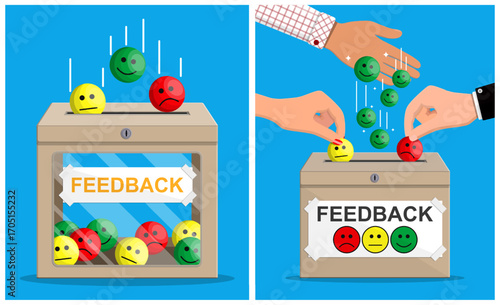 Customer leaving a feedback review by placing a happy, neutral, or sad face into a box. Customer experience concept.