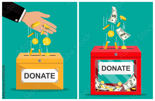 Man hand putting coin money into a yellow donation box labeled "donate", charity box for collecting money for good causes and help to people