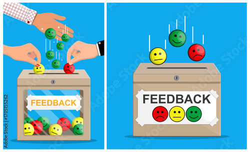 Hands putting colorful smiley face icons into a feedback box for customer satisfaction rating or service evaluation concept.