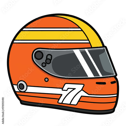 Vibrant orange racing helmet with yellow stripes and the number 7, featuring a dark visor and side details, cartoon style.