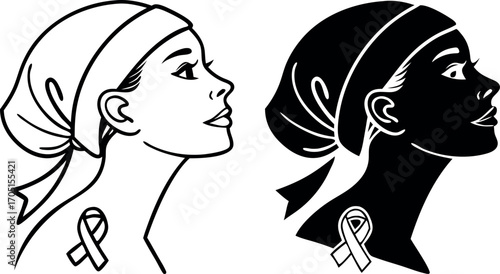 Female Profile Avatar Icon in Outline and Solid Black Vector representing breast cancer patients, survivors, supporters