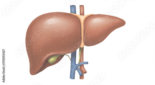Detailed anatomical illustration of the human liver showing the gallbladder, portal vein, and hepatic artery on a white background