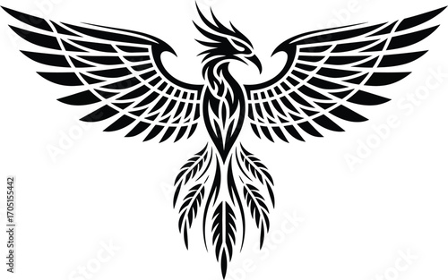 Black tribal phoenix bird with outstretched wings and tail feathers