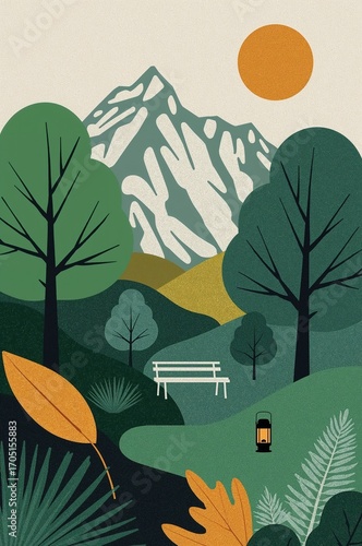 Abstract landscape illustration , poster background , nature illustration , Colorful Vector Landscape of Mountains, Forest, and River in Flat Illustration Style, vector poster	
