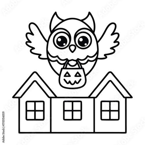 Cartoon owl with pumpkin bag flying over houses on white background halloween drawing