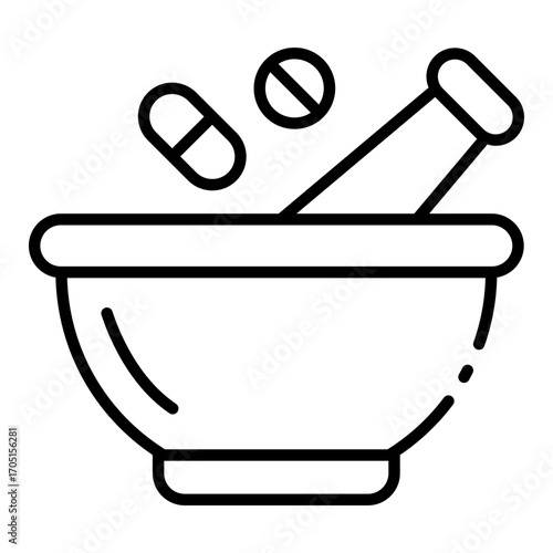 mortar and pestle icon used for grinding pill in hospital pharmacy