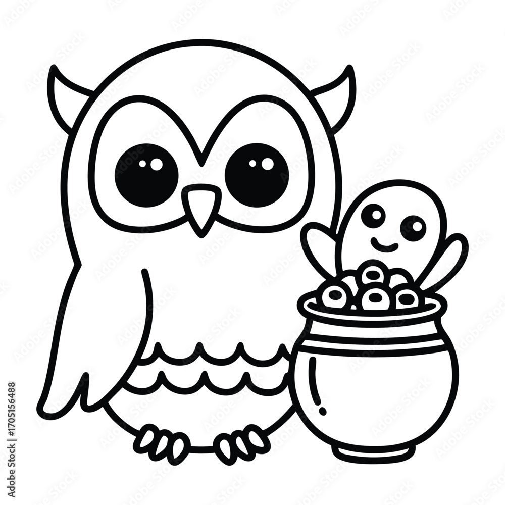 Fototapeta premium Cartoon owl with a candy pot and a ghost for Halloween bird cute