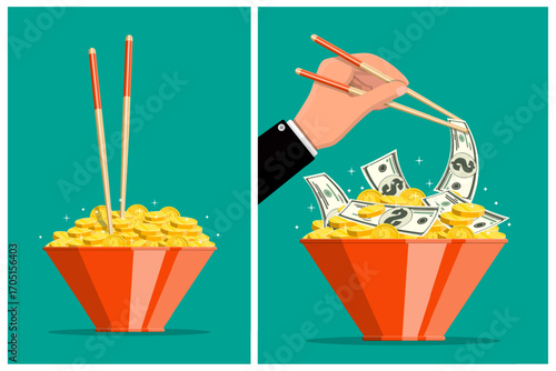 Man holding chopsticks picking dollar bill from a bowl of money. Investment financial concept with money and business growth.
