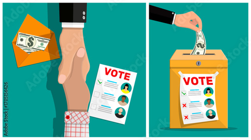 Man giving money in an envelope for a vote and putting money into a ballot box. Election bribery concept. Political corruption illustration.