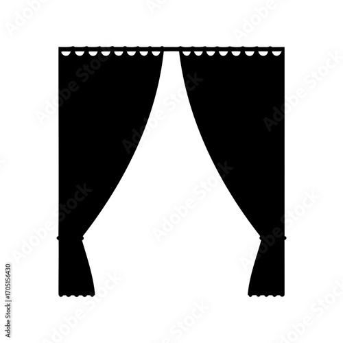 Black and White Minimalist Illustration of Stage Curtains Opening for Performance