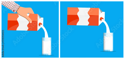 Hand of man holding paper milk carton with drink pouring into glass and carton pouring milk. Dairy product for healthy diet meal.