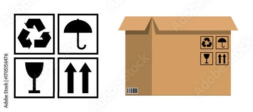 Packaging symbols for fragile goods and recycling, next to a carton box. Delivery and shipping concept for logistics and e-commerce.