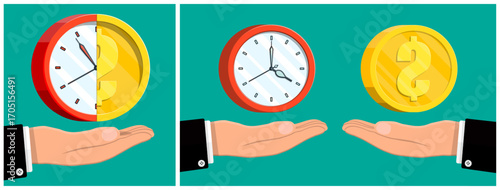 Man hand holding half clock and half gold dollar coin. Concept of time is money, managing finance and productivity.