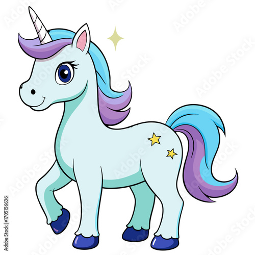 Adorable cartoon unicorn with blue and purple mane, sparkling stars, and magical horn – fantasy character illustration for kids.
