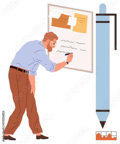 Person taking notes on large board with sticky notes and text, giant pen alongside. Ideal for brainstorming, education, productivity, innovation, strategy, creativity, simple flat metaphor