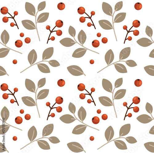Seamless plant pattern background. Leaves and red berries on white background.