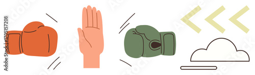 Orange and green boxing gloves facing a stopping hand gesture, arrows, and a cloud representation. Ideal for conflict resolution, negotiation, balance, teamwork, decision-making, communication