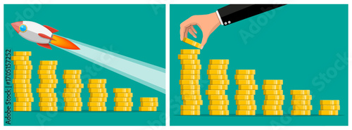 Rocket flying up over money stack. Hand putting coin on coin stack. Financial growth and success concept for business investment.