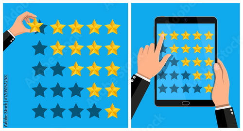 Man hand picking a star and another man rating on a tablet screen. Giving quality feedback or experience review concept. Flat style vector.