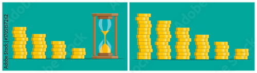 Two sets of gold coin stacks illustrating financial investment growth versus decline, with an hourglass symbolizing time economy and business management.