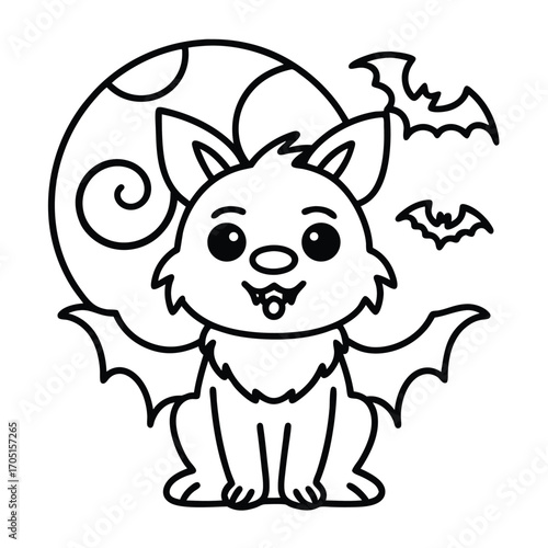 Cute Bat Character with Moon and Bats on White Background vector halloween