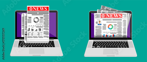 Online news on a laptop screen showing digital newspaper content. Electronic press and modern media concept for global communication.