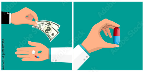 Man giving money for medical pills in hand and holding red and blue capsule. Health care concept. Cost of medicine.