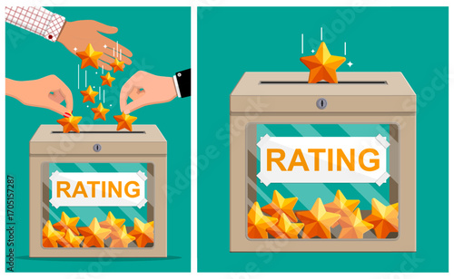 Man and woman hands place gold stars into a rating box. Feedback or review concept for customer satisfaction. Quality assessment.