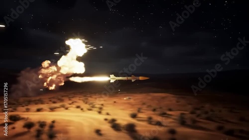 Nighttime military operation showing a cruise missile launch with a powerful explosion over a desolate desert terrain
